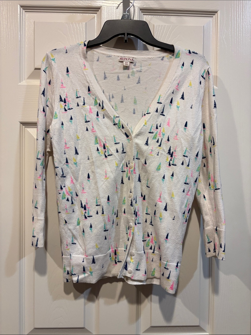 Merona White V-Neck Cardigan with Multicolor Sailboat Motif